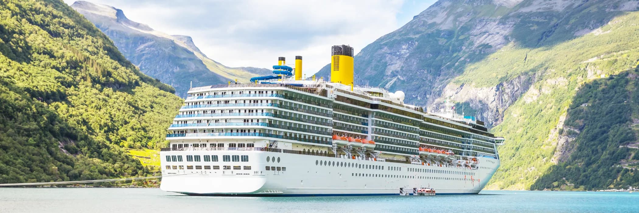 A cruise ship sailing through the fjords